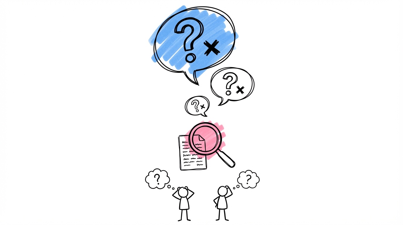 Pratbubblor med frågetecken och kryss, förstoringsglas som undersöker det finstilta