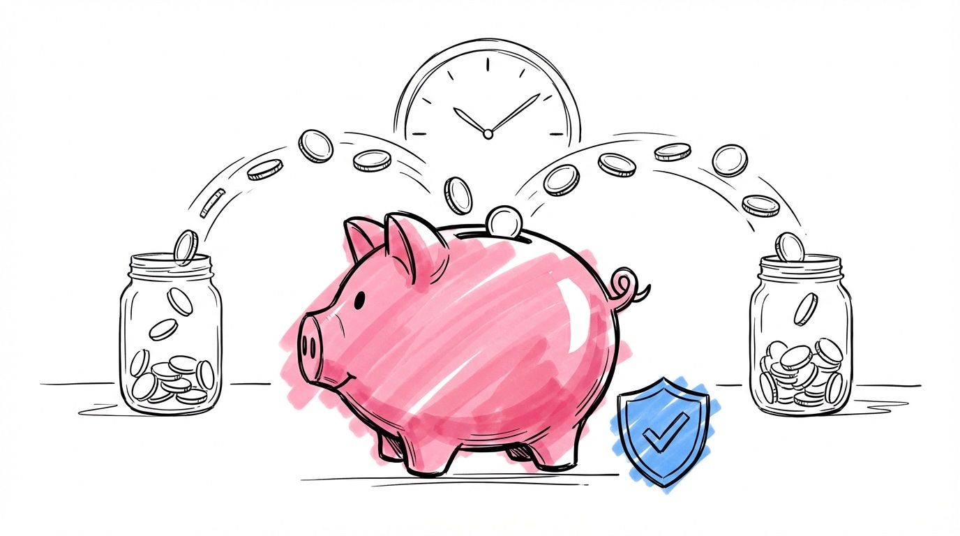 Spargris med pensionsmedel som flödar mellan två personers sparande, en sköld för försäkring