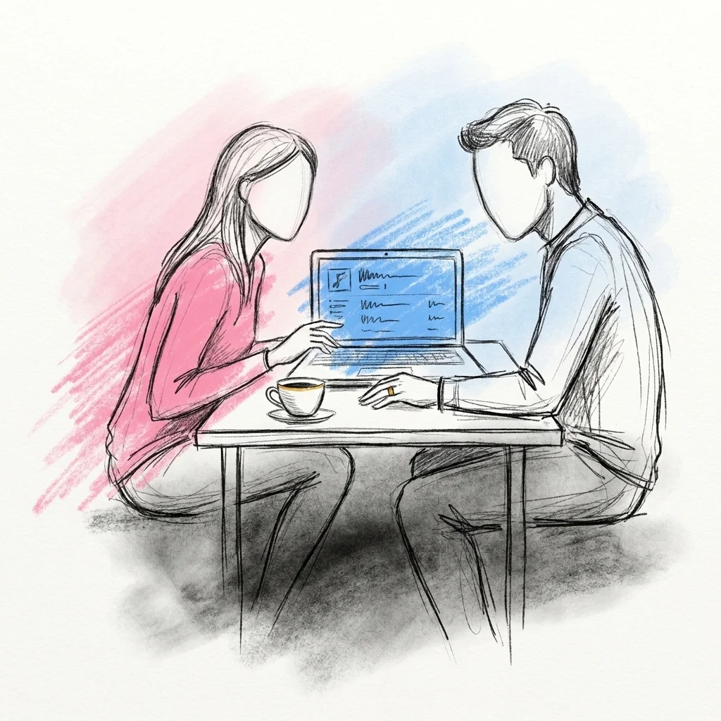 Glatt par som samarbetar vid en laptop med sångtitlar synliga på skärmen — optimistisk och handlingskraftig stämning