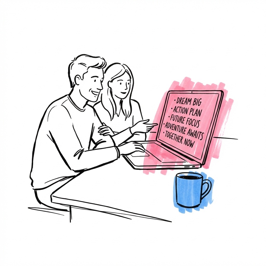 Glatt par som samarbetar vid en laptop med sångtitlar synliga på skärmen — optimistisk och handlingskraftig stämning