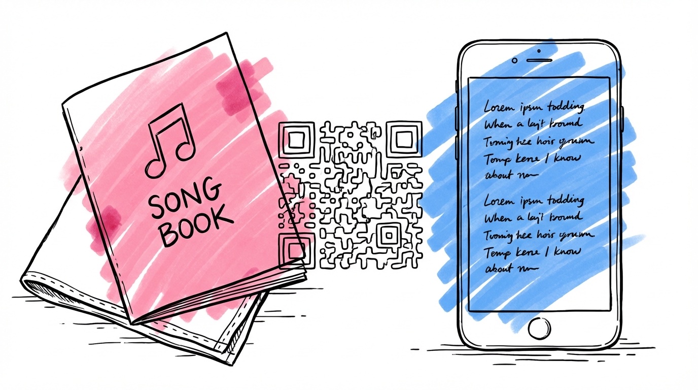 Delad scen — fysiskt sånghäfte på en servett på ena sidan och en smartphone med sångtexten på andra, med en QR-kod som brygga