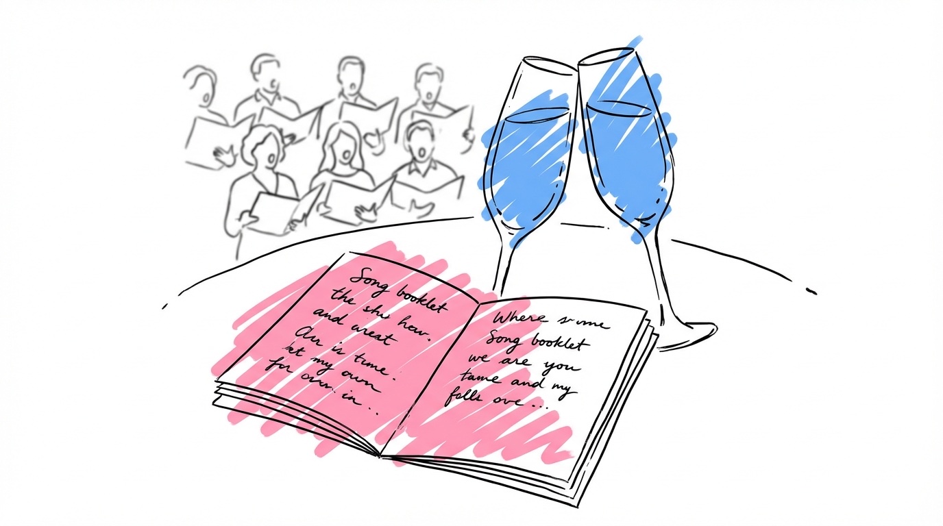 Sånghäfte på ett dukat bröllopsbord med gäster som lyfter glas och sjunger snapsvisa i bakgrunden