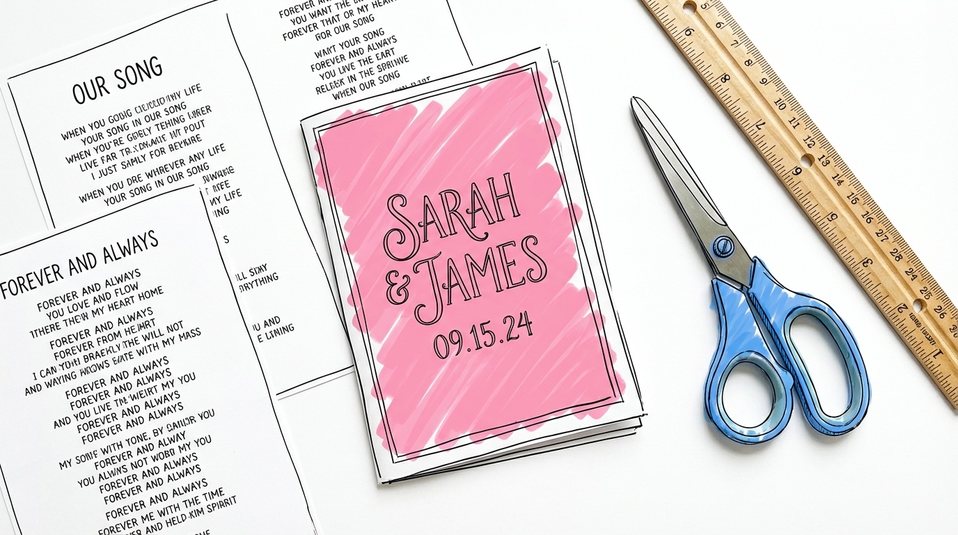 Ovanifrånvy av en arbetsyta med A5-sånghäfte under montering — sax, linjal, tryckta sångsidor och ett omslag med parets namn