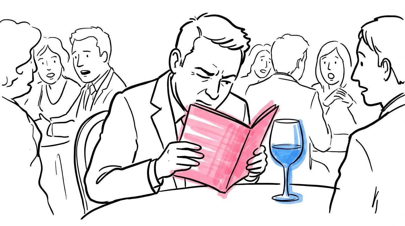 Förvirrad bröllopsgäst som håller sånghäftet upp och ned och kisar på liten text medan andra gäster runt bordet ser osäkra ut