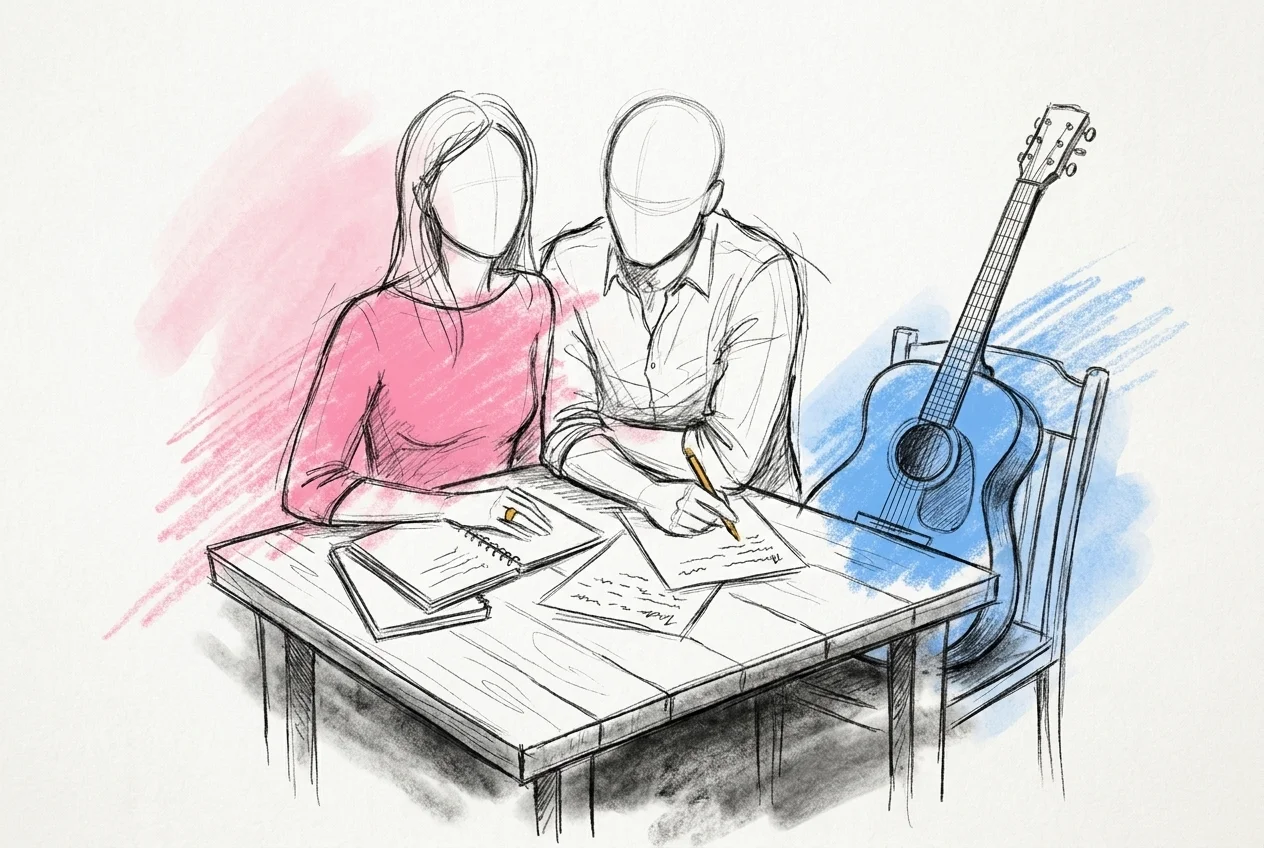 Par som sitter och väljer sånger till sånghäftet med handskrivna listor på bordet och en gitarr bredvid