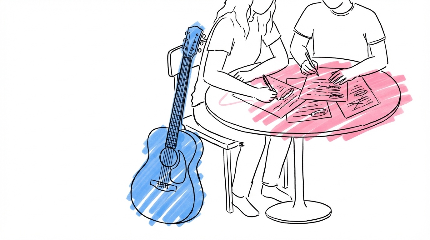 Par som sitter och väljer sånger till sånghäftet med handskrivna listor på bordet och en gitarr bredvid