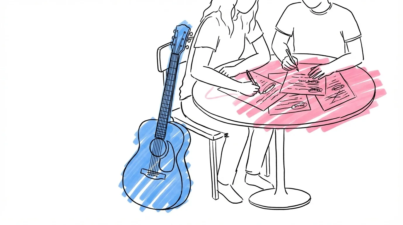 Par som sitter och väljer sånger till sånghäftet med handskrivna listor på bordet och en gitarr bredvid