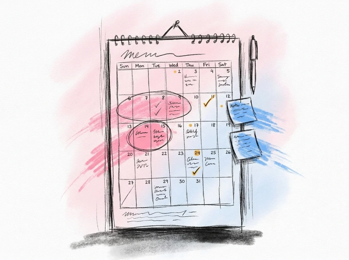 Vertikal planeringskalender med bröllopsrelaterade anteckningar och checkmarkeringar vid olika veckomarkeringar