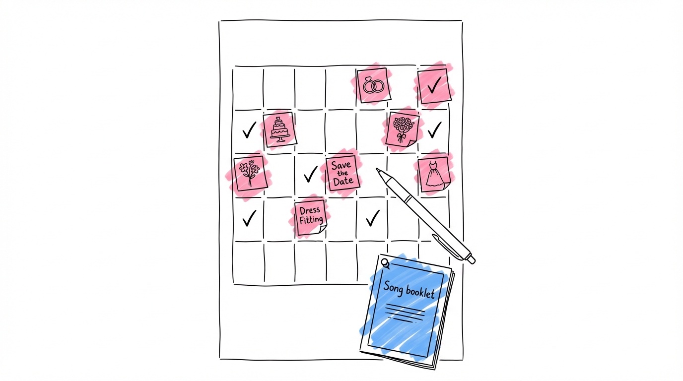 Vertikal planeringskalender med bröllopsrelaterade anteckningar och checkmarkeringar vid olika veckomarkeringar