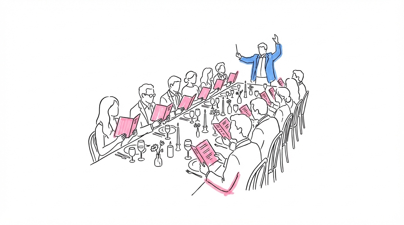 Toastmaster som står vid huvudänden av ett långt middagsbord och dirigerar gäster att sjunga, med sånghäften och glas synliga