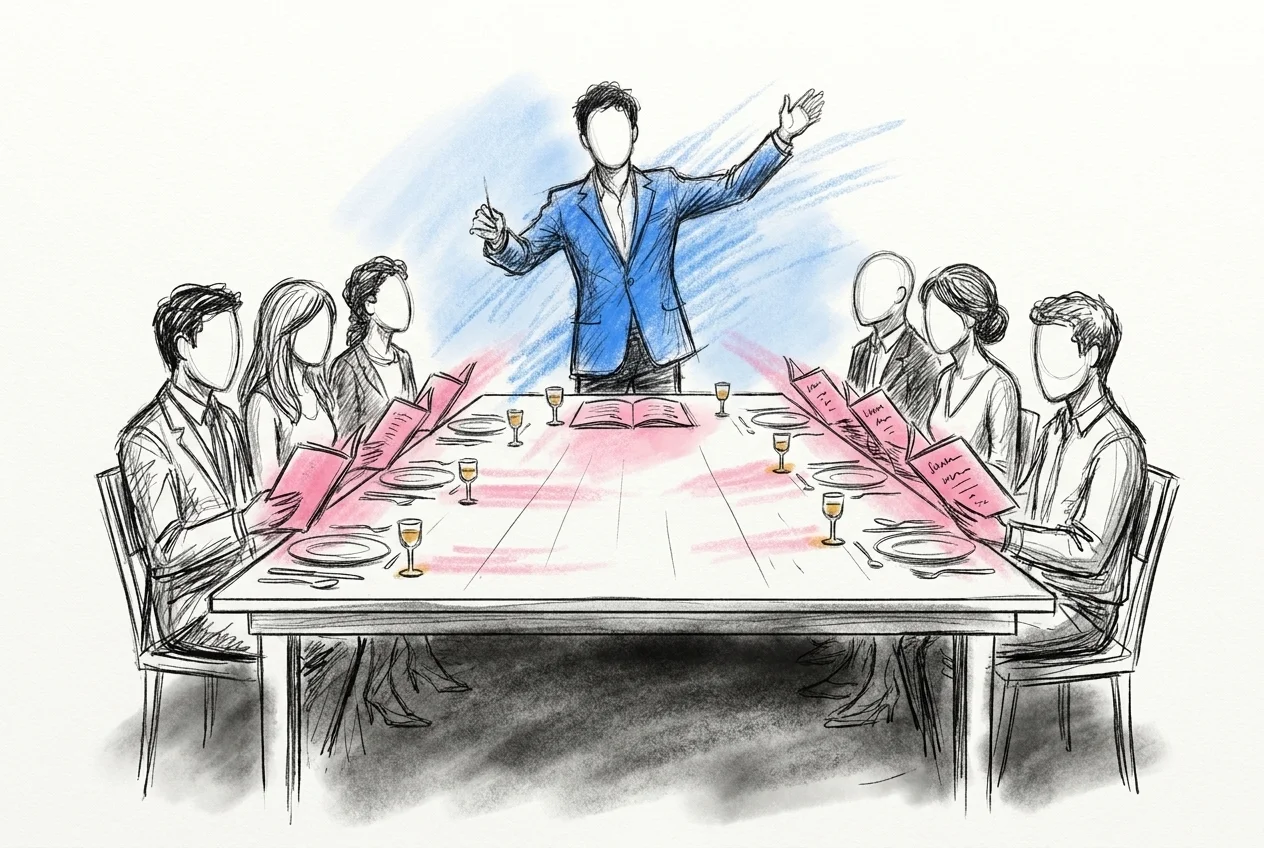 Toastmaster som står vid huvudänden av ett långt middagsbord och dirigerar gäster att sjunga, med sånghäften och glas synliga