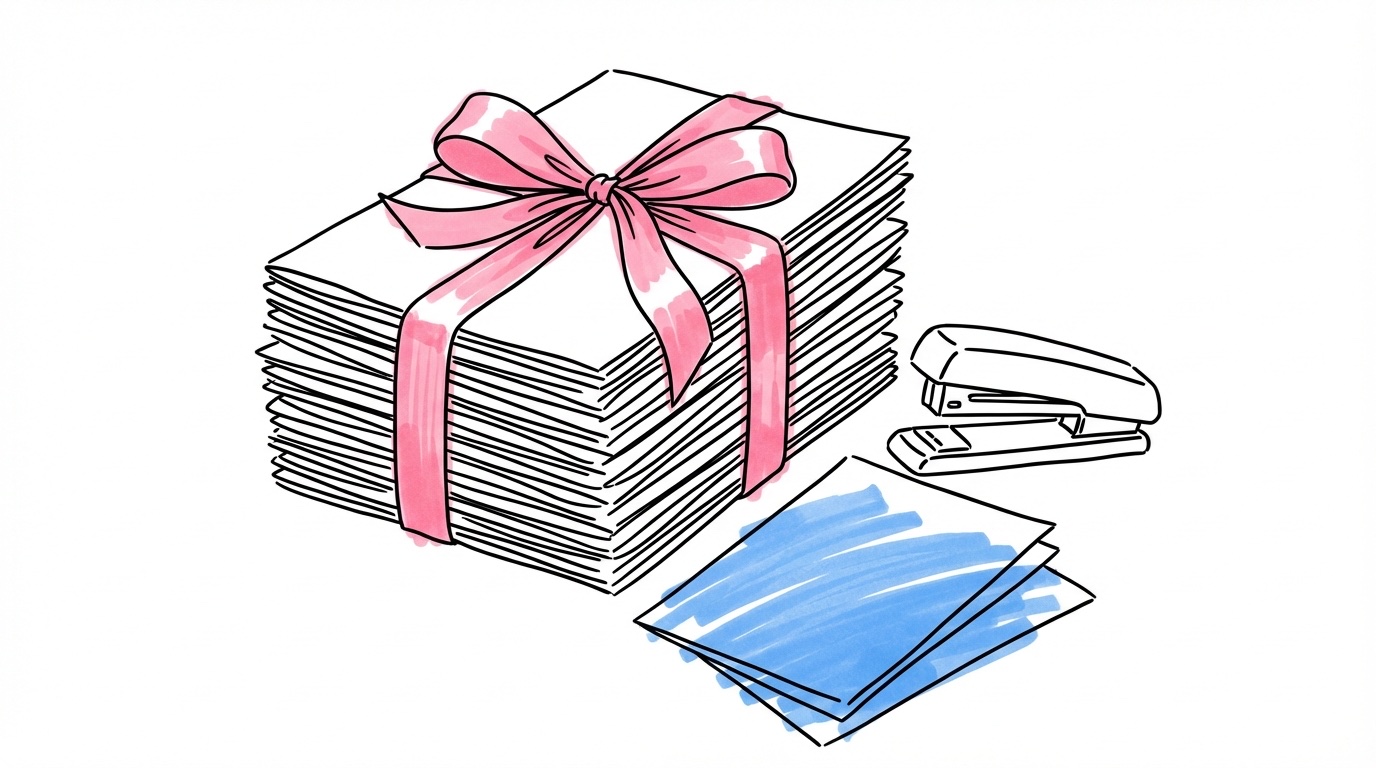 Hög med nytryckta sånghäften hopbundna med band på en rustik träyta bredvid häftapparat och pappersprov