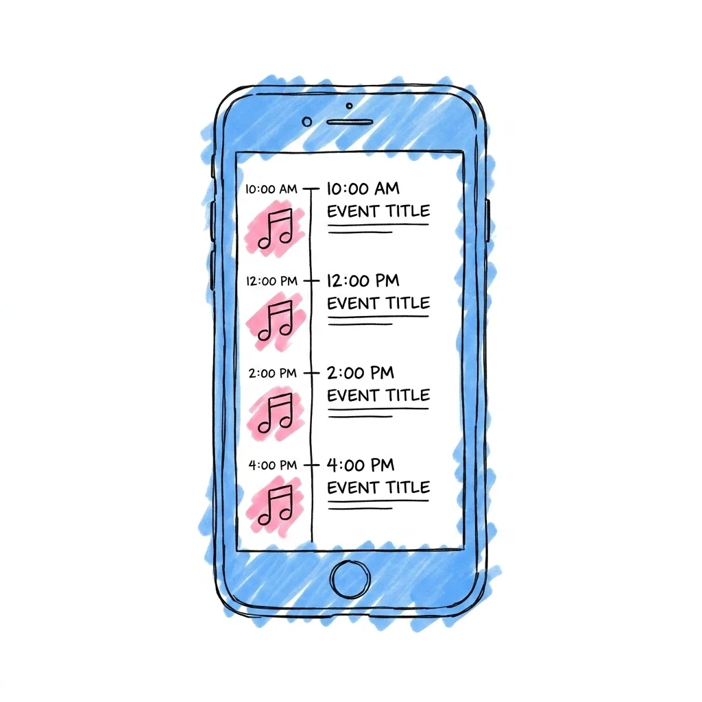 Smartphoneskärm med tidslinje och musiknotsikoner — digital planering av bröllopsmusik