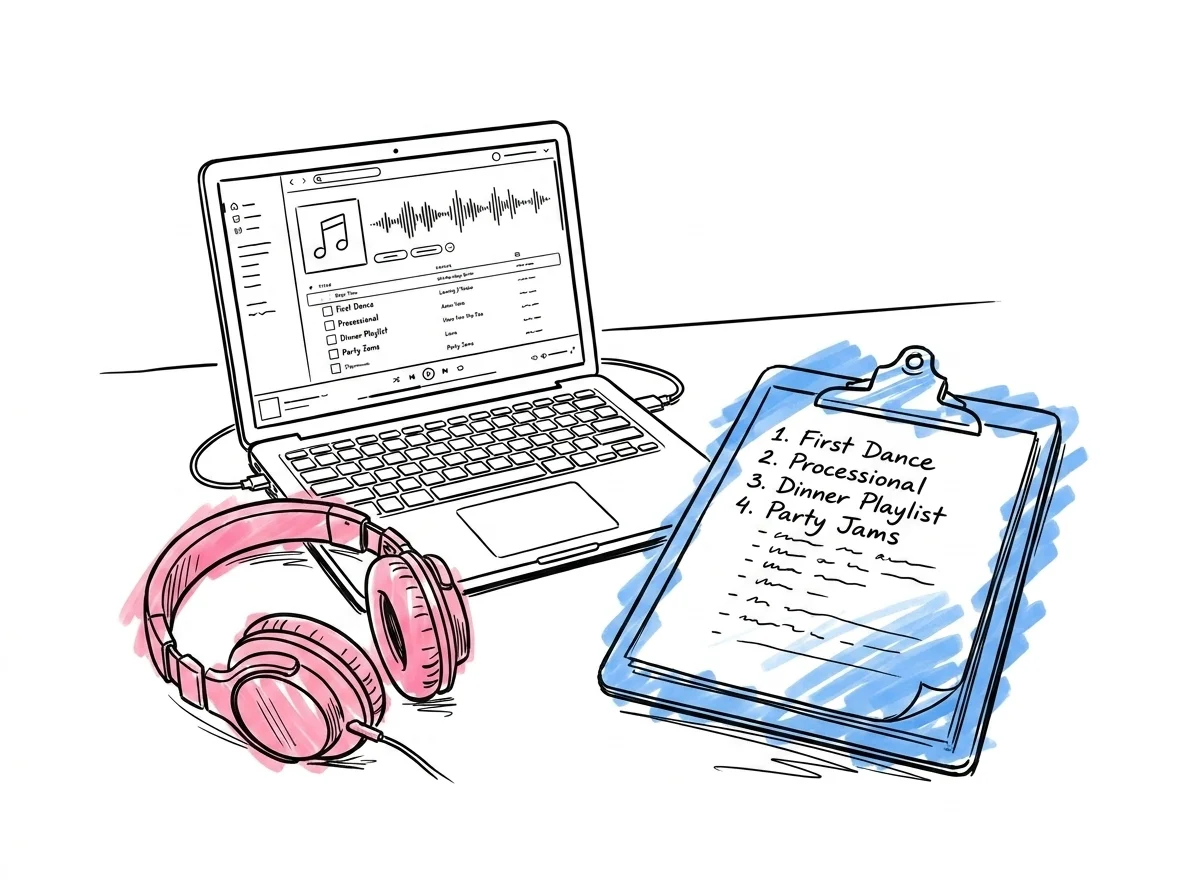 Checklista med låttitlar bredvid hörlurar och en laptop — DJ-brief för bröllop