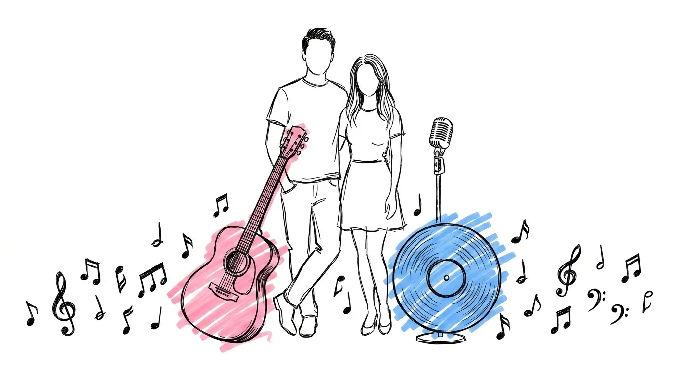 Par omgivna av musiknoter, vinylskiva, gitarr och mikrofon — sånger till bröllop