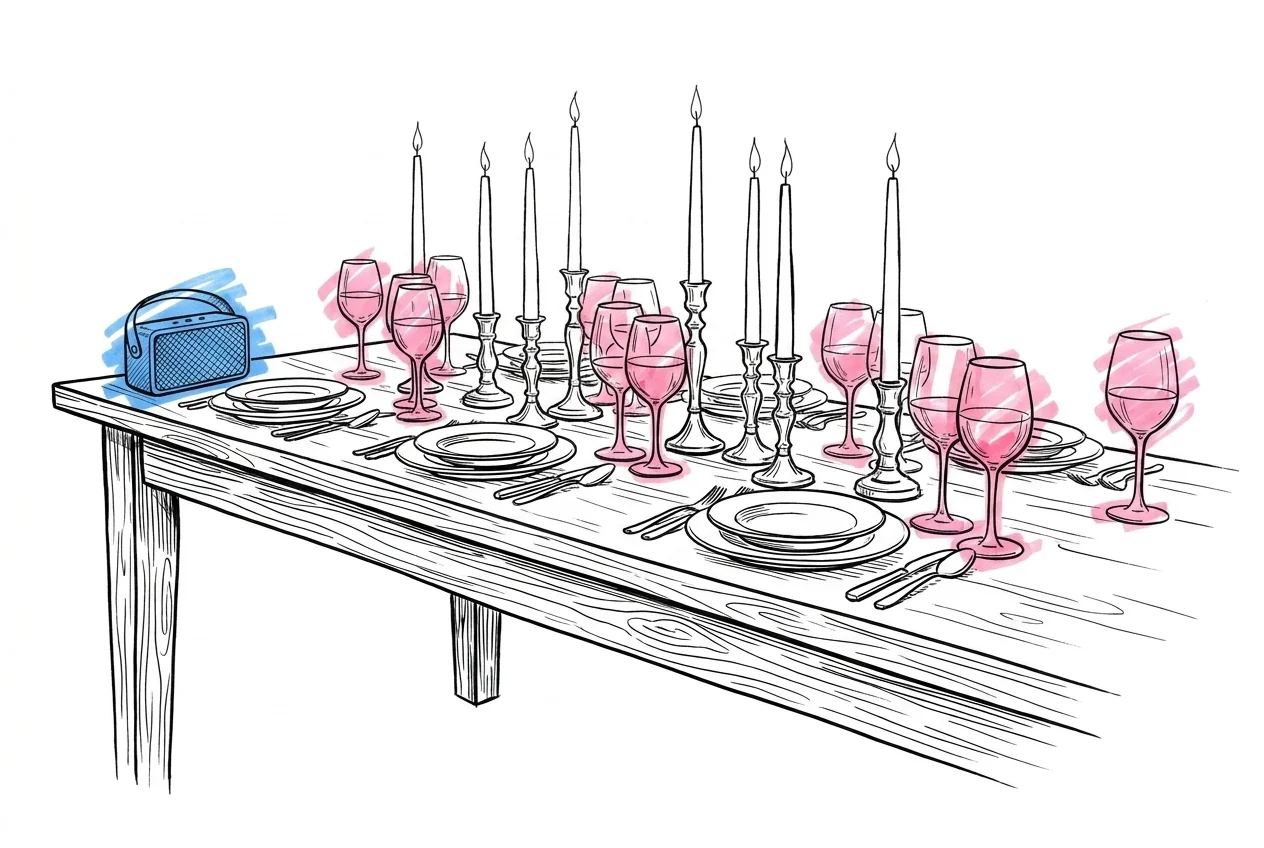 Långt middagsbord med vinglas, ljus och tallrikar — avslappnad middagsstämning