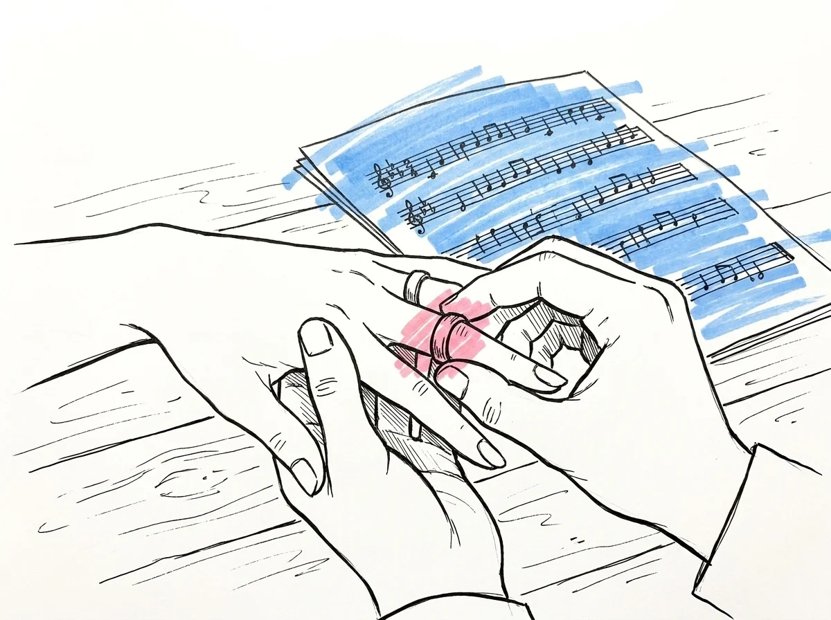 Två händer som växlar ring med subtil notskrift i bakgrunden