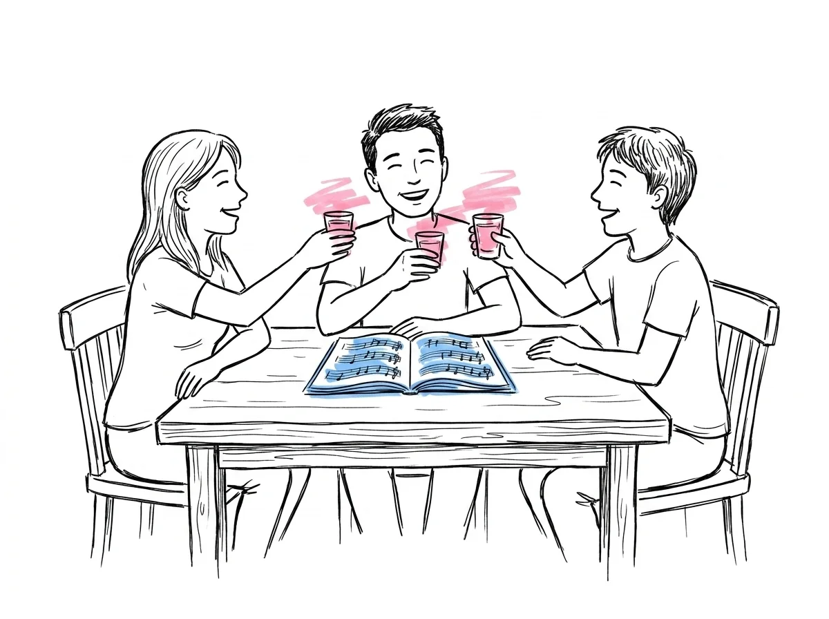 Gäster runt ett bord som lyfter snapsglas i en skål med ett öppet sånghäfte framför sig