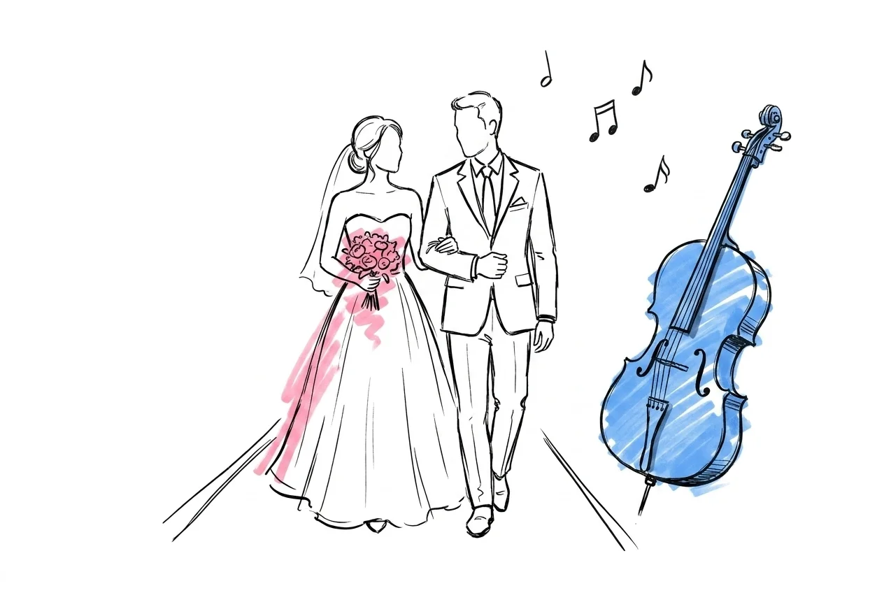 Par som går i en ceremonisal med mjuka musiknoter i luften och ett stråkinstrument vid sidan