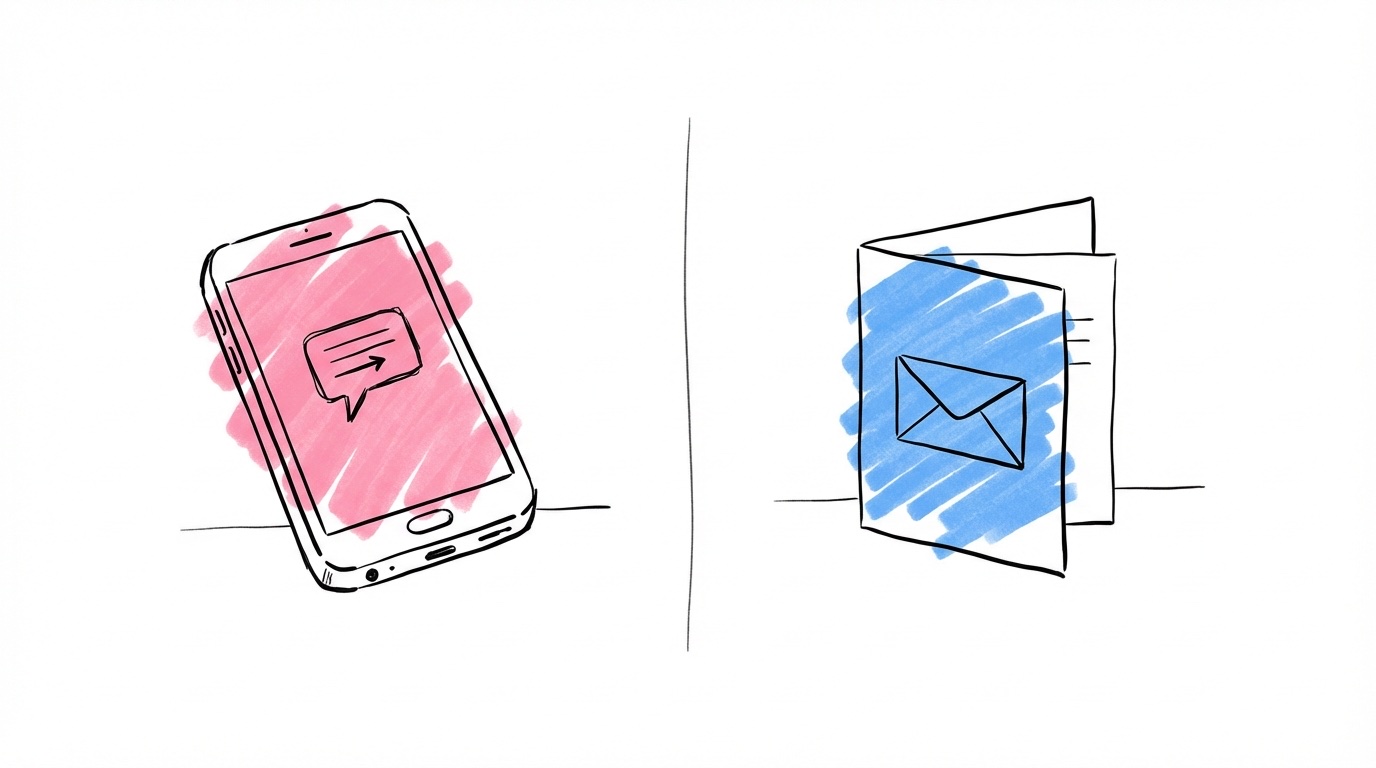 Smartphone med meddelande bredvid fysiskt kort med kuvert — digital vs fysisk save the date
