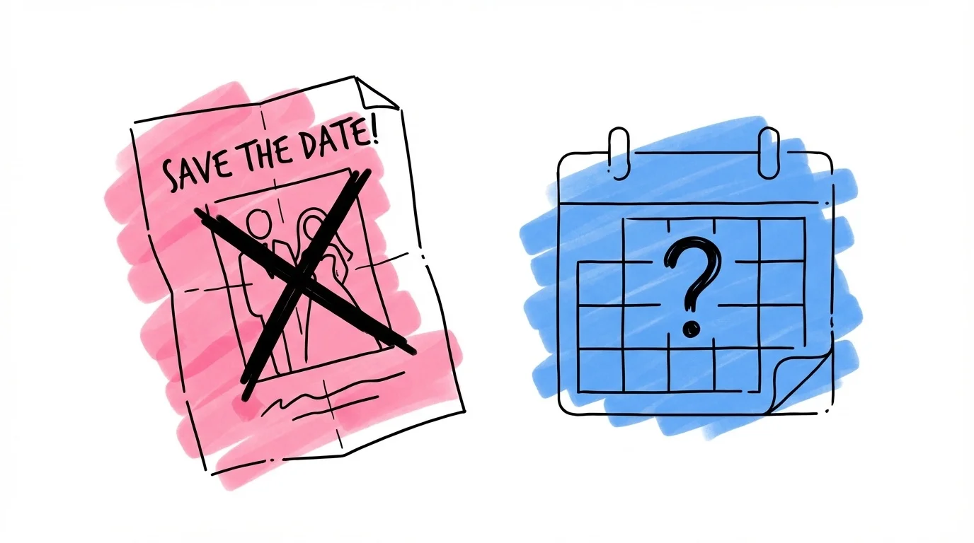 Överstruket save the date-kort och kalender med frågetecken — vanliga misstag