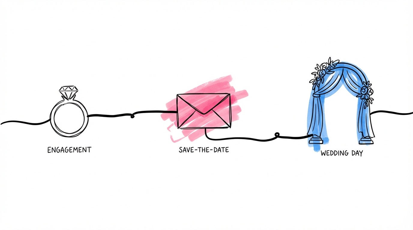 Horisontell tidslinje med milstolpar från förlovning till bröllop — save the date timing