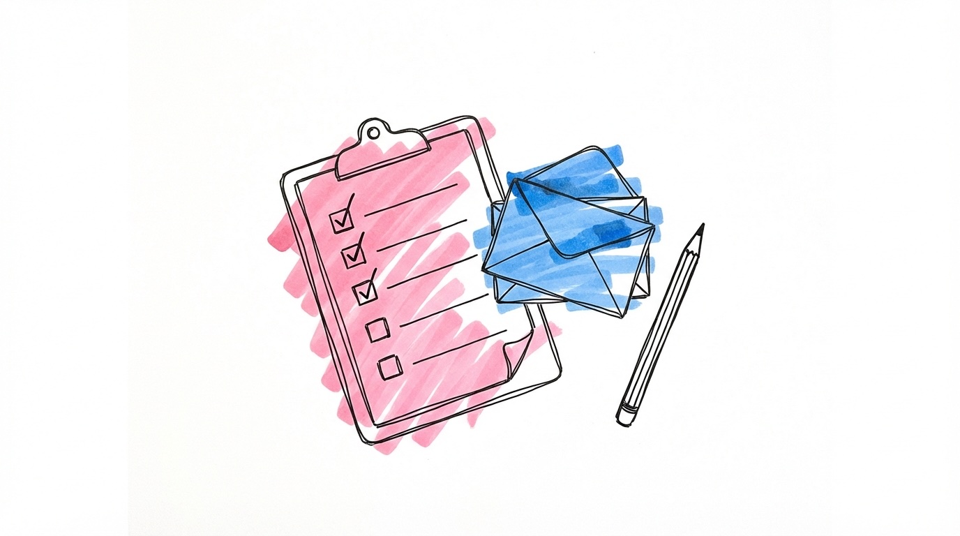 Checklista med bockade rutor och kuvertstapel — tips för save the date