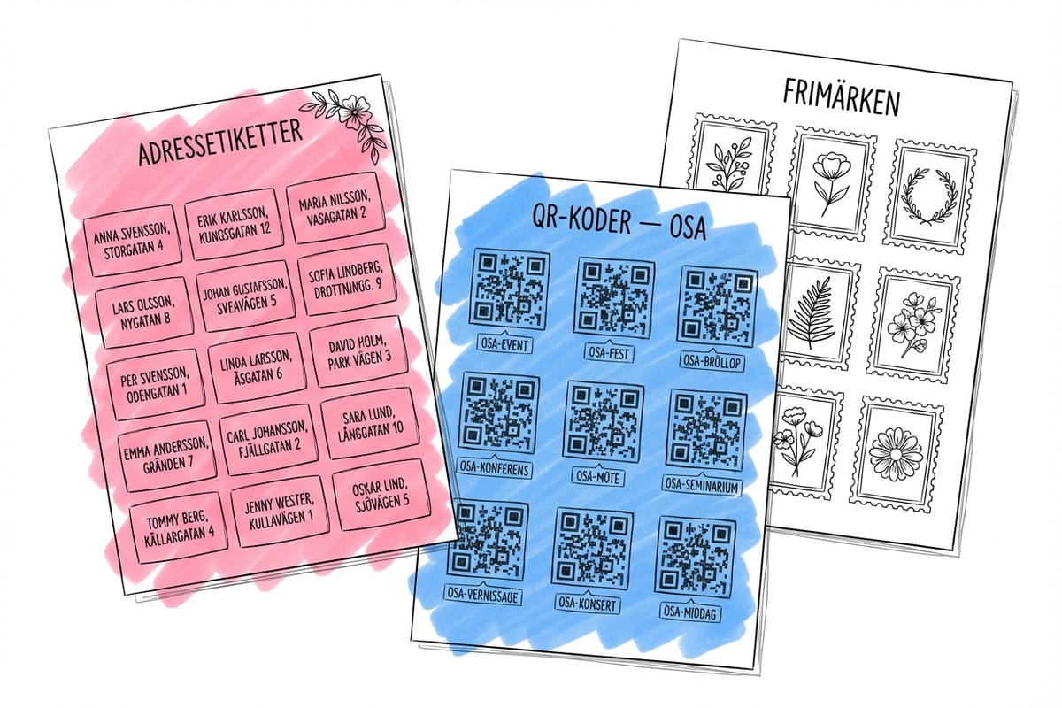 Utskrifter av adressetiketter, QR-koder och frimärken