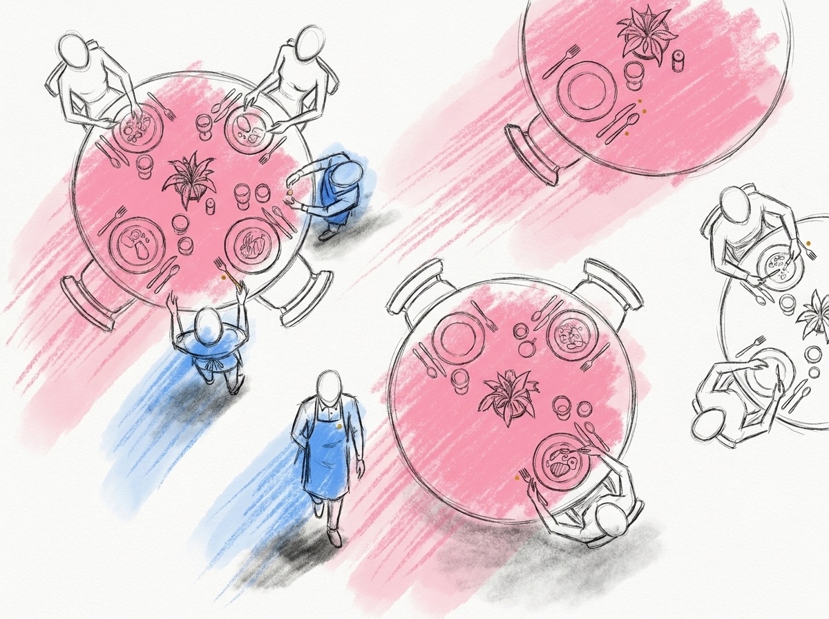 Runda middagsbord sedda uppifrån med små figurer av servitörer som står mellan borden, i Lovios rosa och blå illustrationsstil