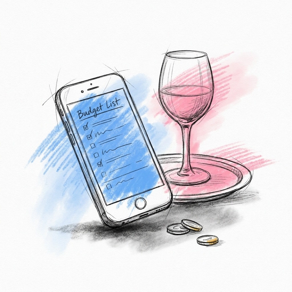 En mobil med en enkel budgetlista, en liten serveringsbricka och ett vinglas bredvid samt några mynt, i Lovios rosa och blå illustrationsstil