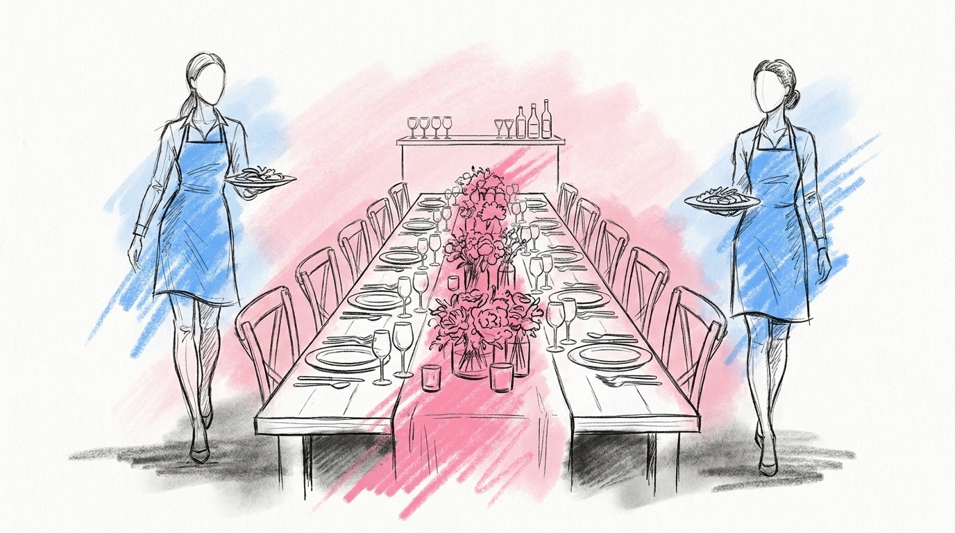 Serveringspersonal på bröllop: ett långt festligt middagsbord med två servitörer i förkläden som bär tallrikar och en liten bar i bakgrunden, i Lovios rosa och blå illustrationsstil