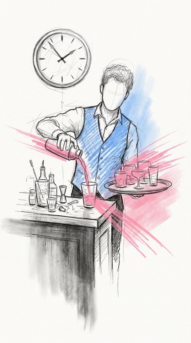 En bartender som häller upp ett glas vid en liten bar, med en servitörs bricka med glas bredvid och en väggklocka ovanför, i Lovios rosa och blå illustrationsstil