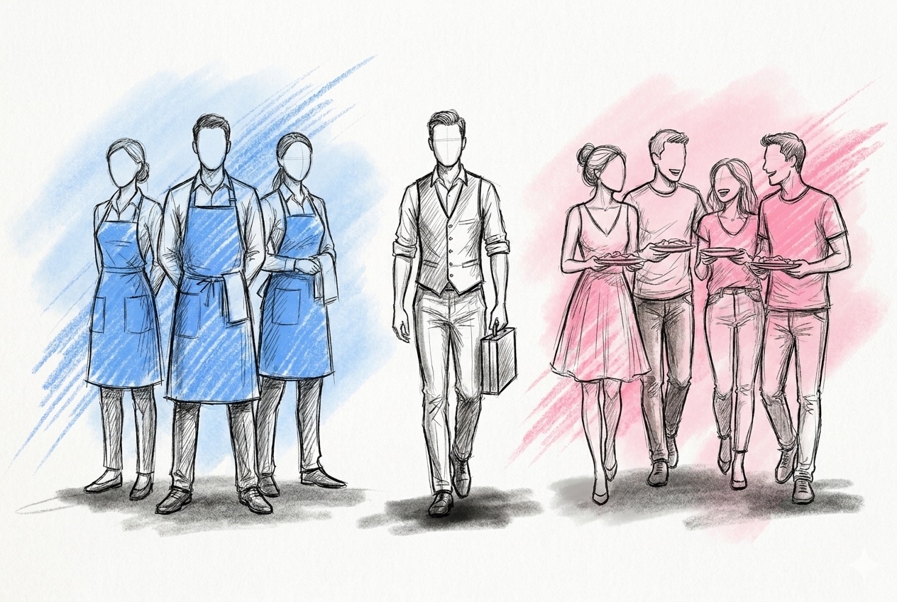 Tre grupper sida vid sida: professionella servitörer i likadana förkläden, en ensam bartender med portfölj och några vänner som bär tallrikar och skrattar, i Lovios rosa och blå illustrationsstil