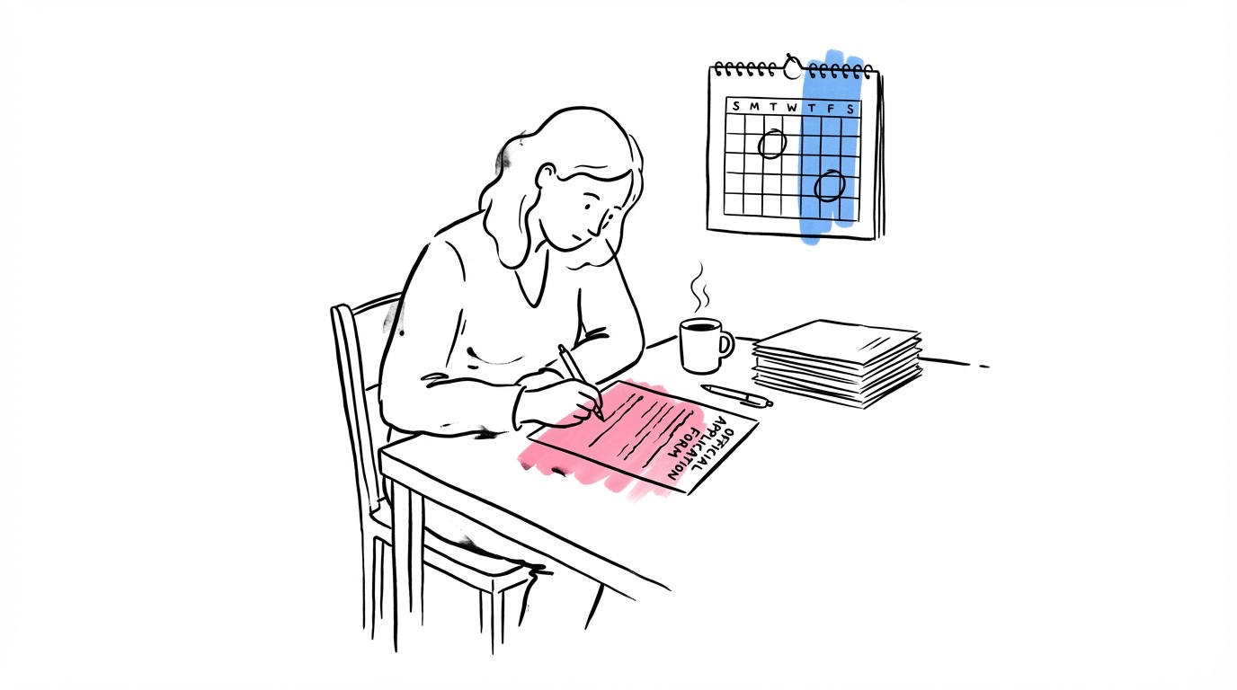 En person sitter vid ett köksbord och fyller i en officiell ansökningsblankett, en kalender på väggen med ett datum inringat åtta veckor framåt