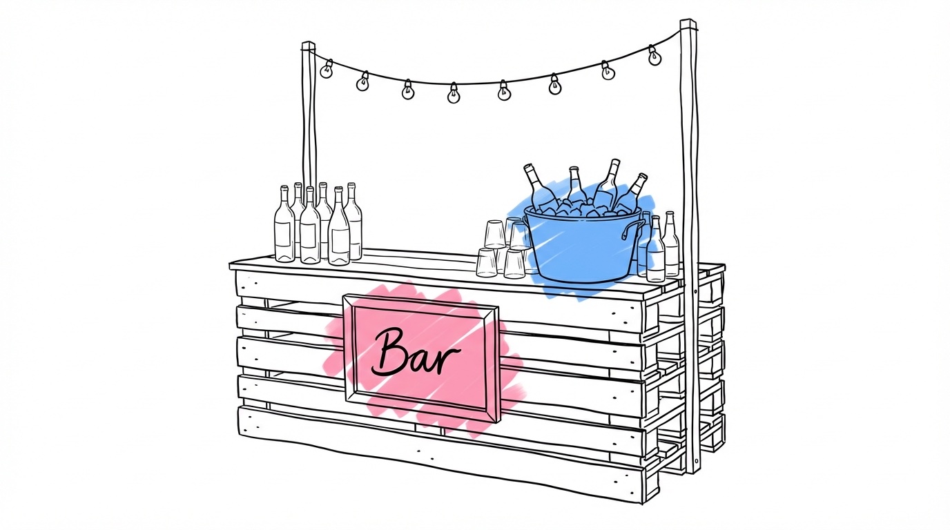 En charmig DIY-bröllopsbar byggd av trälastpallar, med flaskor, ishinkar och staplade glas, en handskriven skylt som säger Bar på en liten griffeltavla