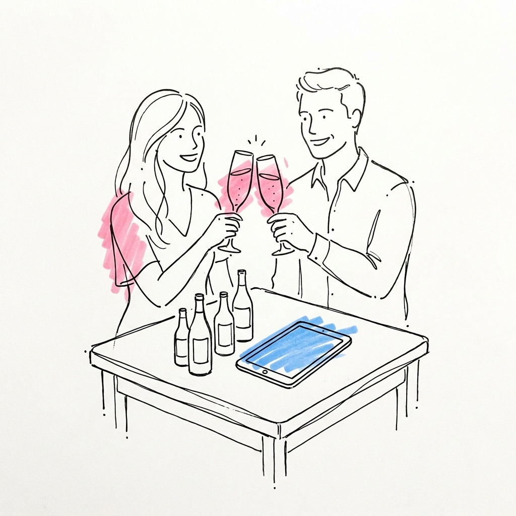 Ett lyckligt par höjer glasen vid ett vackert dukat utomhusbord med flaskor och en surfplatta med kalkylatorapp synlig