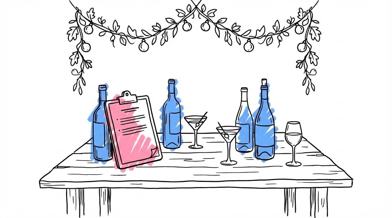 Serveringstillstånd bröllop — en bröllopsbardisk utomhus med flaskor, glas och ishinkar på ett rustikt bord och en clipboard med officiellt tillståndsdokument