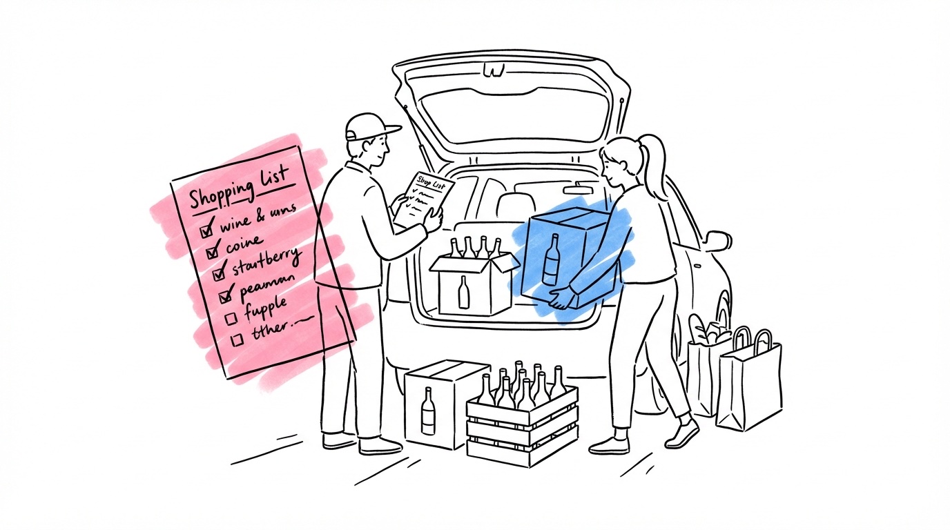 Ett par lastar lådor med vin och backar med flaskor i bagageluckan på en bil utanför en butik, en inköpslista i ena handen, en checklista med bockmarkeringar