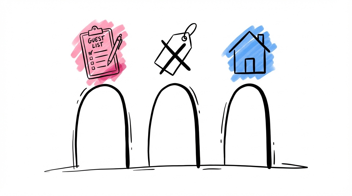 Tre dörrar i en rad med symboliska lås — en gästlista, en överstruken prislapp och ett hus — som representerar de tre juridiska villkoren