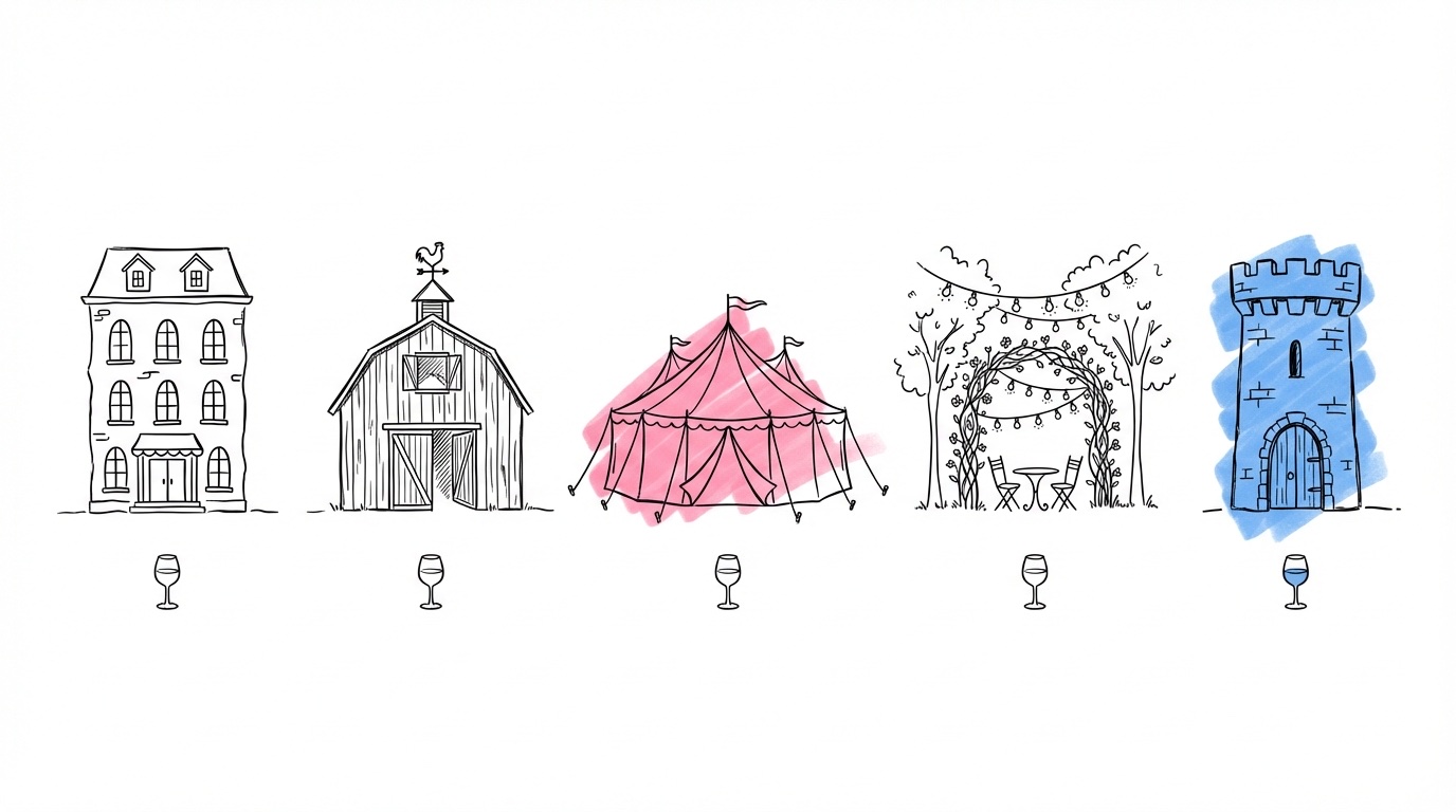 Fem små vignetter av lokal­typer i en rad — en hotellfasad, en trälada, ett partytält, en trädgård med ljusslingor och ett slottstorn — alla med ett vinglas under