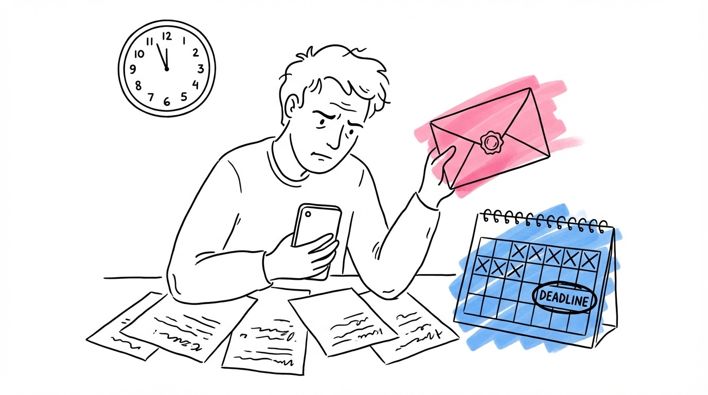 En stressad person tittar på en kalender med få dagar kvar, håller en telefon i ena handen och ett oöppnat kuvert med en officiell stämpel i den andra