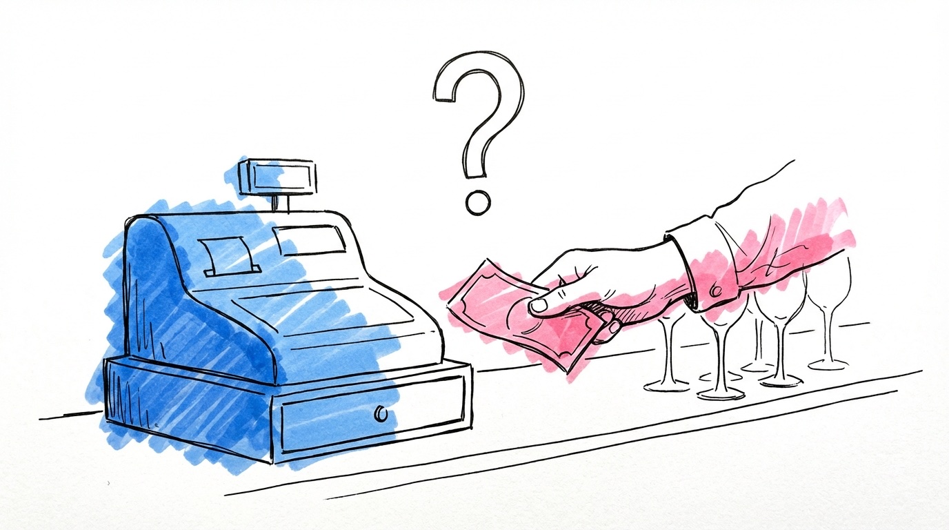 En bröllopsscen med en kassaapparat på en bardisk, en hand som räcker ut en sedel och ett stort frågetecken ovanför transaktionen
