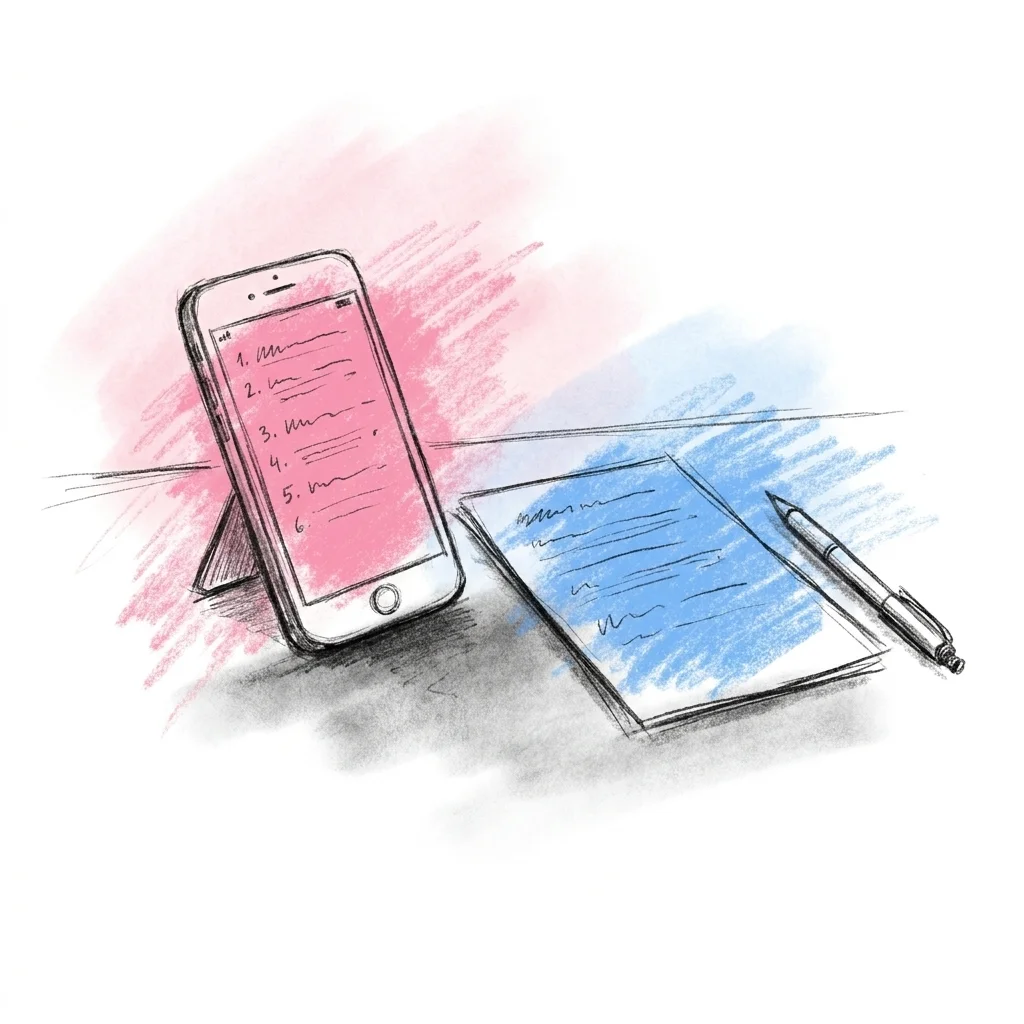 En telefon eller surfplatta öppen på ett enkelt dokument med korta numrerade påståenden, bredvid ett utskrivet papper och en penna som ligger på bordet, i Lovios rosa och blå illustrationsstil