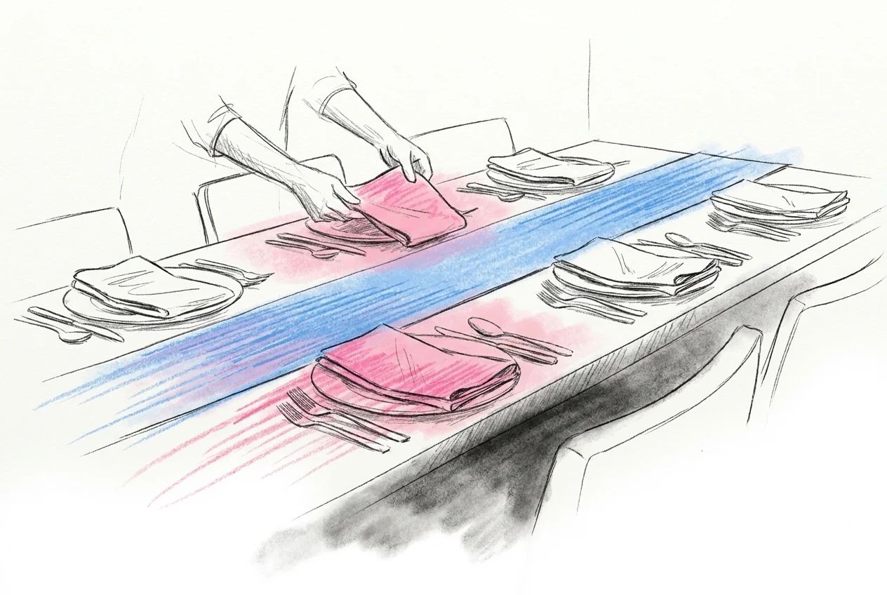 Ett dukat bord i närbild med både vanliga vita servetter och några i en avvikande färg vid varje plats, ett par händer mitt i rörelsen att lyfta en servett, i Lovios rosa och blå illustrationsstil