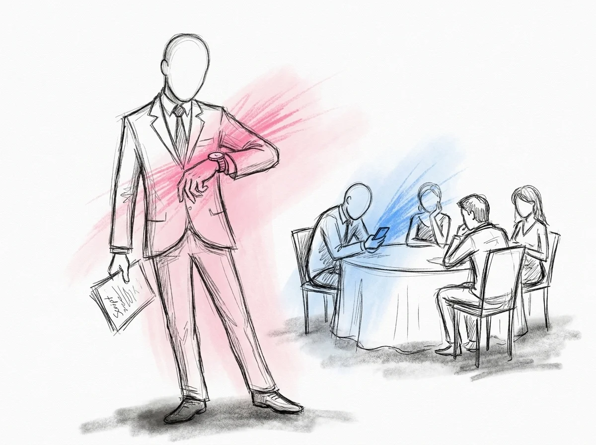 En toastmaster tittar osäkert på sin armbandsklocka mitt i manuset, medan några gäster vid bordet ser distraherade ut eller kollar mobilen, i Lovios rosa och blå illustrationsstil