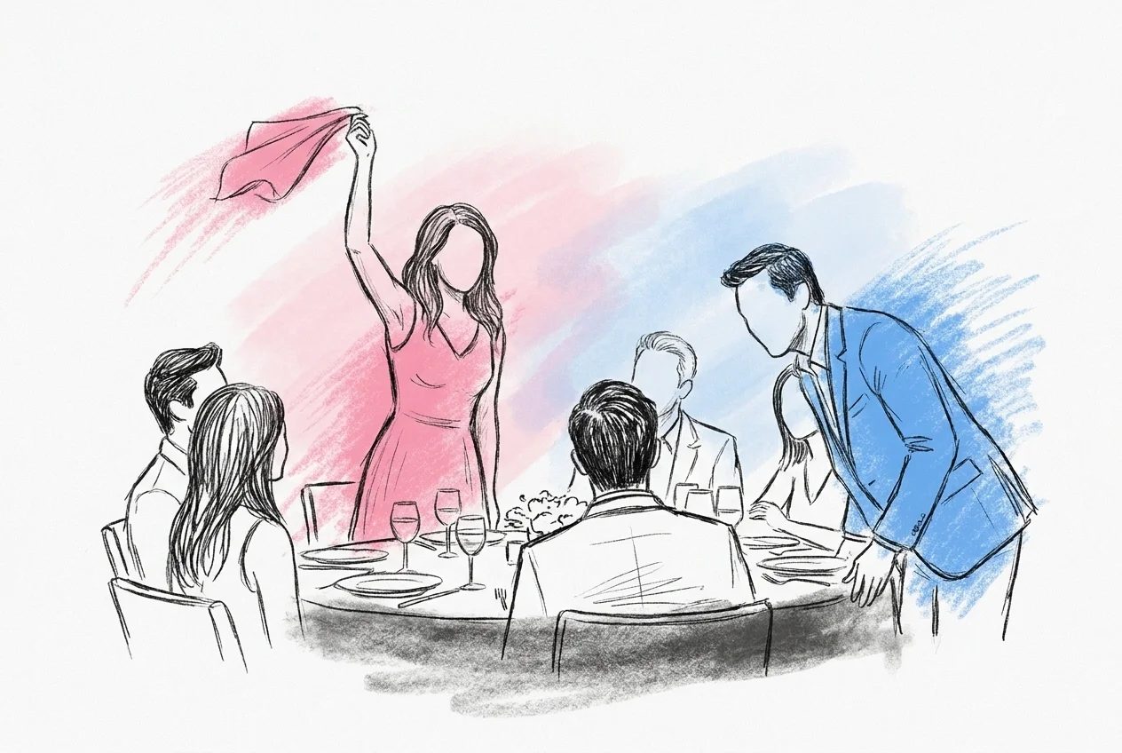 En mindre grupp gäster vid bordet reagerar livligt när en av dem viftar en servett högt, som om de minns en gemensam resa eller ett äventyr, i Lovios rosa och blå illustrationsstil