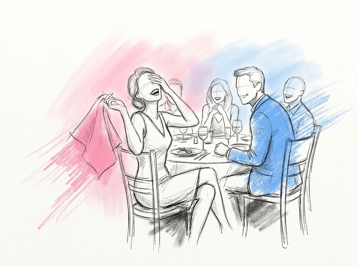 En gäst skrattar och håller en hand lätt för ansiktet medan den andra viftar en servett, omgiven av andra som skrattar och lutar sig fram som för att retas, i Lovios rosa och blå illustrationsstil