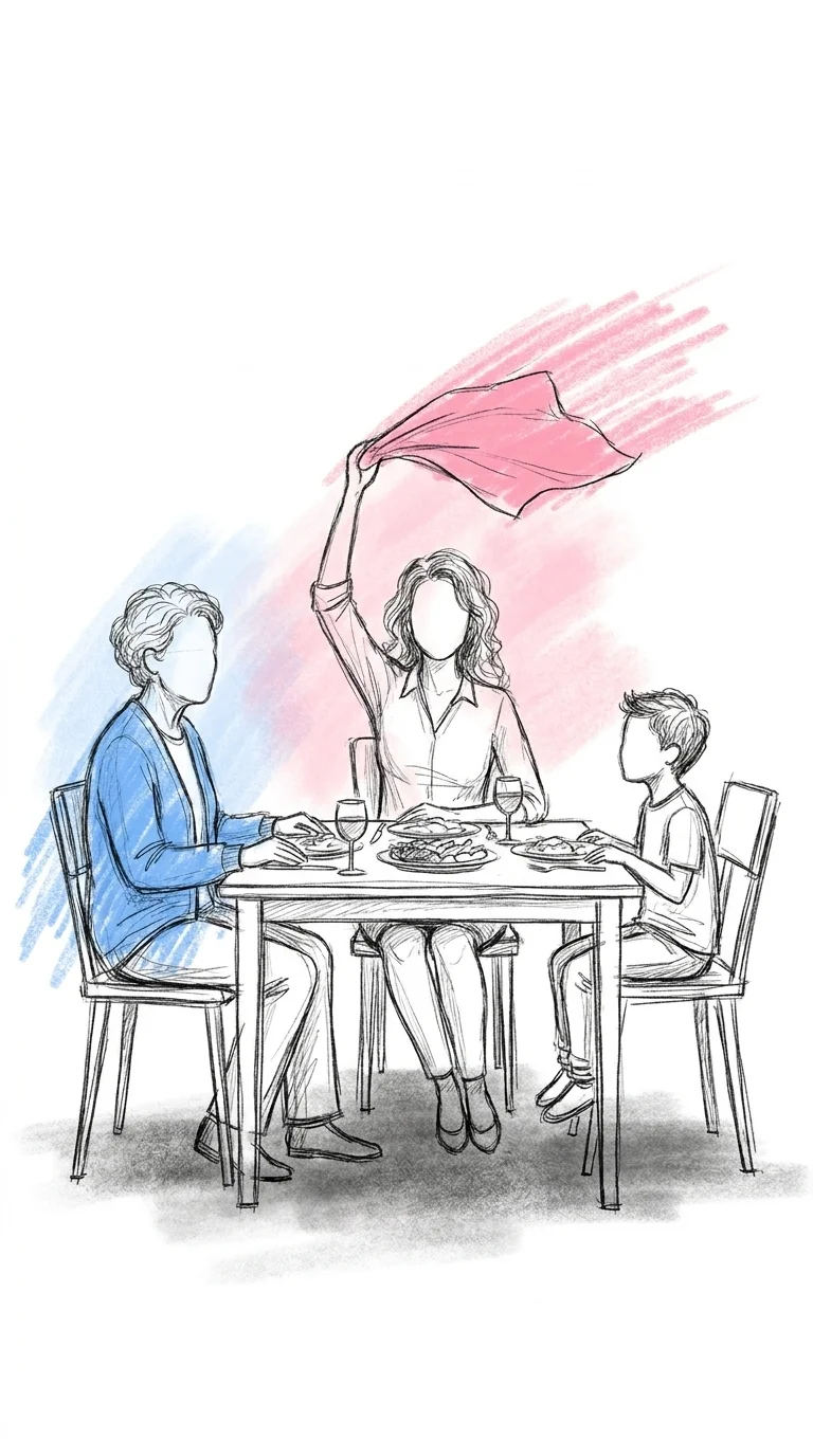 En mor- eller farförälder, en medelålders förälder och ett barnbarn sitter tillsammans vid bordet, en av dem lyfter en servett över huvudet medan de andra ler, i Lovios rosa och blå illustrationsstil