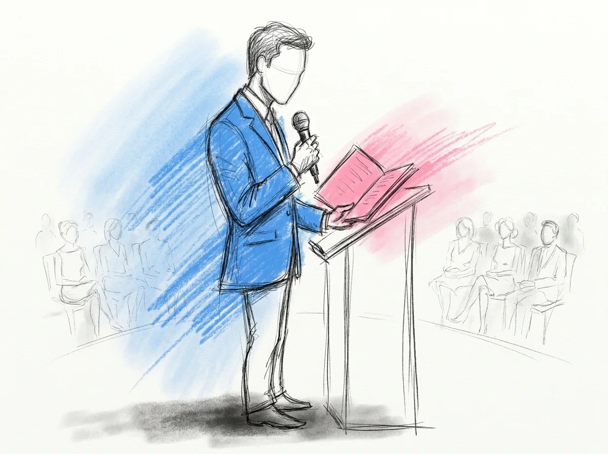 En toastmaster står vid en podie eller håller en mikrofon och tittar ner på ett utskrivet manus i en mapp, med sittande gäster synliga i bakgrunden, i Lovios rosa och blå illustrationsstil