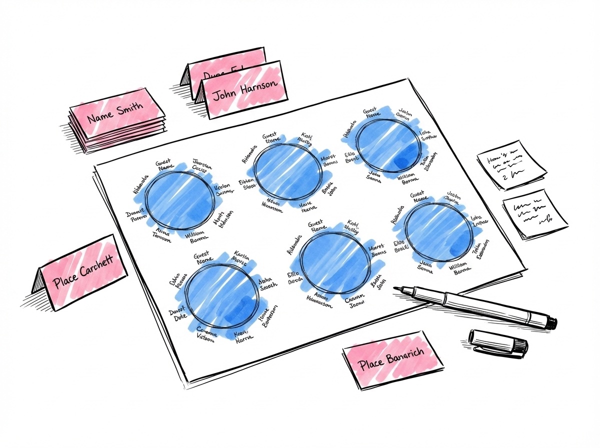Bordsplaceringskarta med runda borddiagram och handskrivna gästnamn, omgivna av placeringskort och post-it-lappar